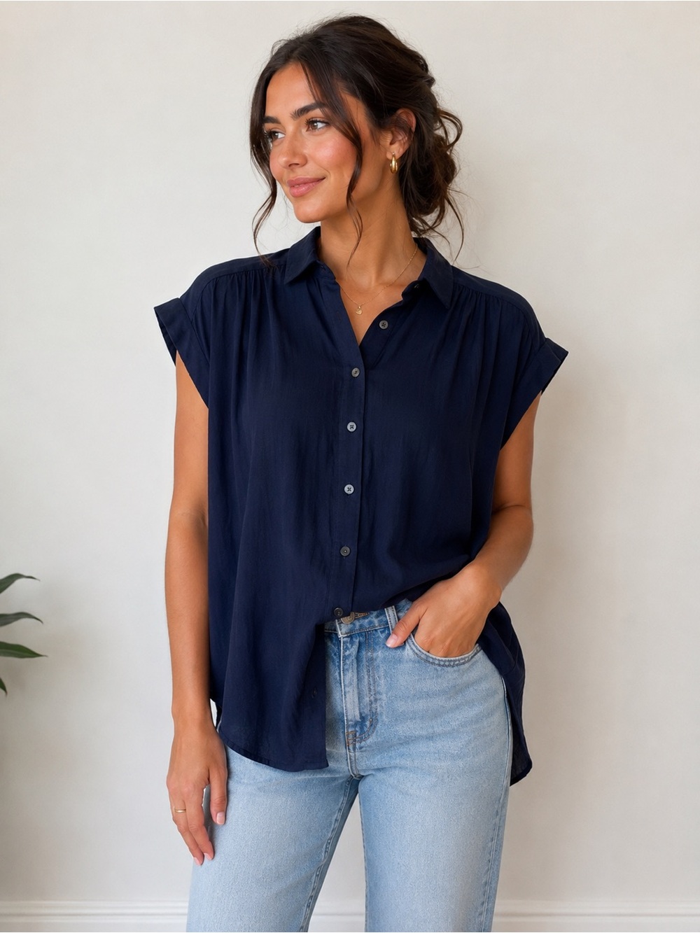 LOFT Navy Short Sleeve Button-Front Shirt Blouse